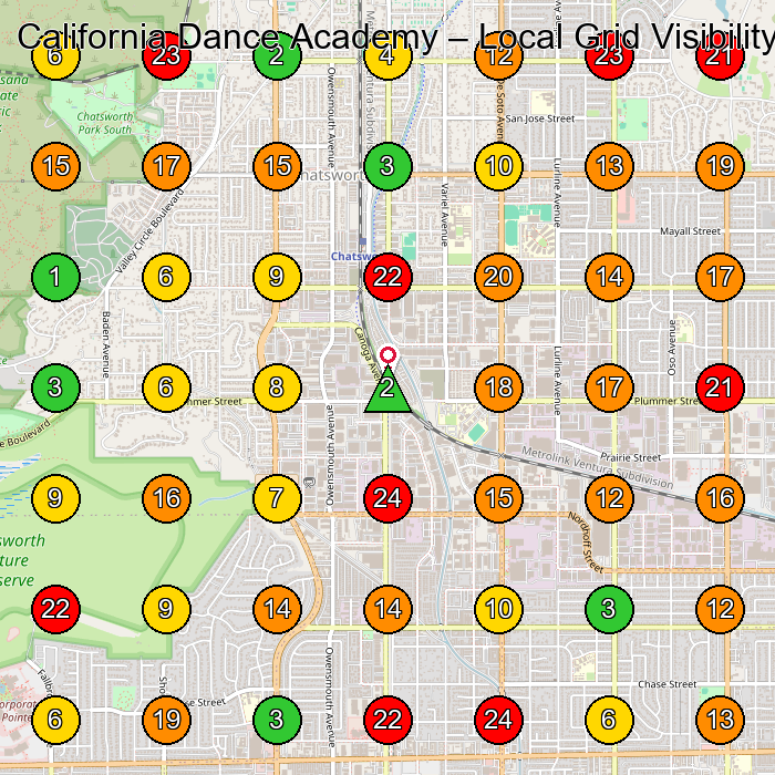 California Dance Academy Dance School GeoGrid ranking map for Chatsworth CA